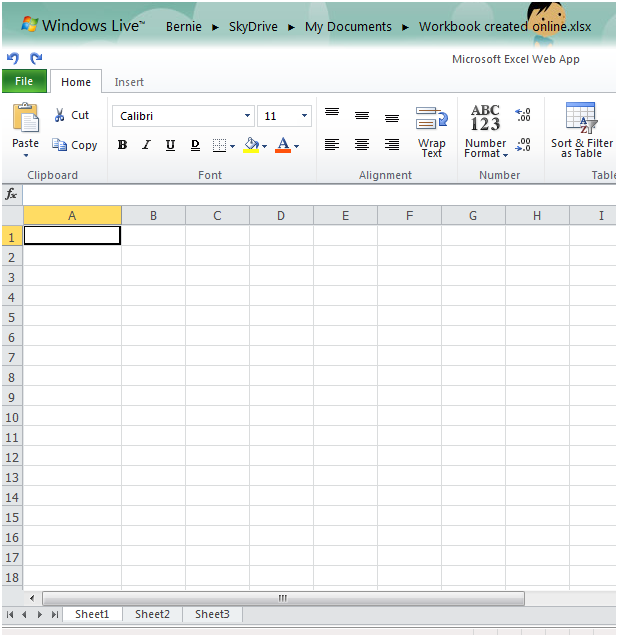 New blank Excel workbook - three shets are available for editing